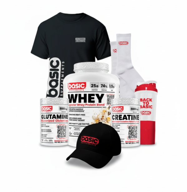 COMBO BASIC WHEY 5LBS + CREATINA + GLUTAMINA + CAMISETA + GORRA + SHAKER + MEDIAS