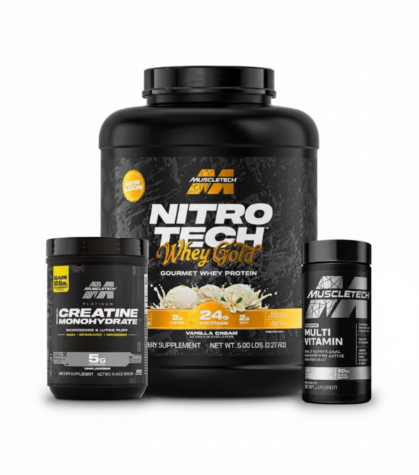 COMBO NITRO TECH WHEY GOLD 5 LIBRAS + CREATINA PLATINUM 80 SERVICIOS + MULTIVITAMÍNICO PLATINUM