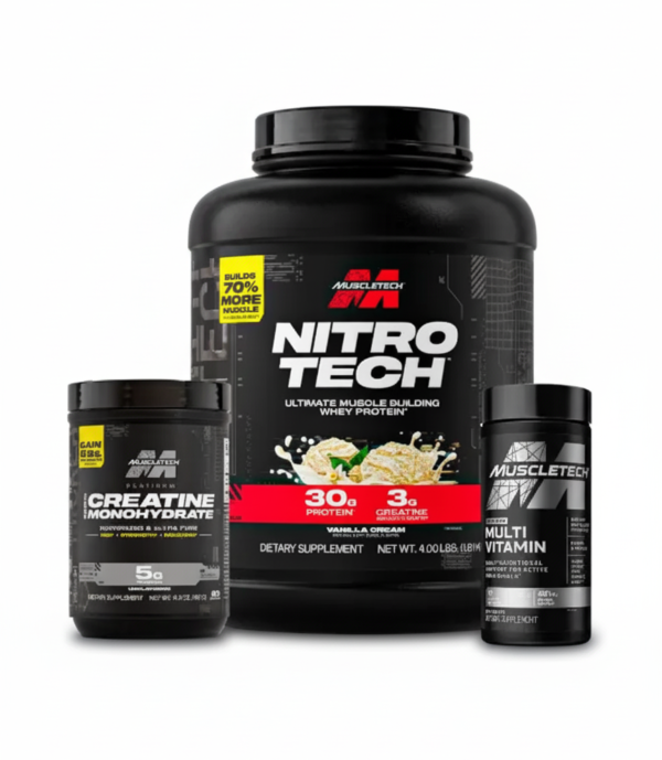 COMBO NITRO TECH 4 LIBRAS + CREATINA PLATINUM 80 SERV + MULTIVITAMÍNICO PLATINUM 90 CAPS